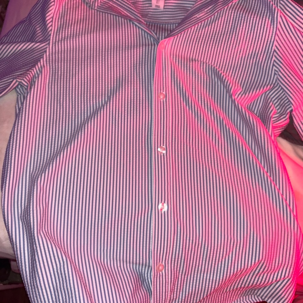 Blue and White Seer Sucker Button-Up Shirt
